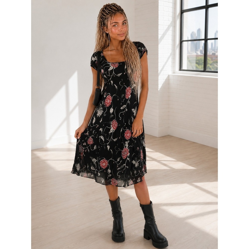 Vintage Y2K Fairy Grunge Midi Dress Black Floral Sheer Overlay Romantic
